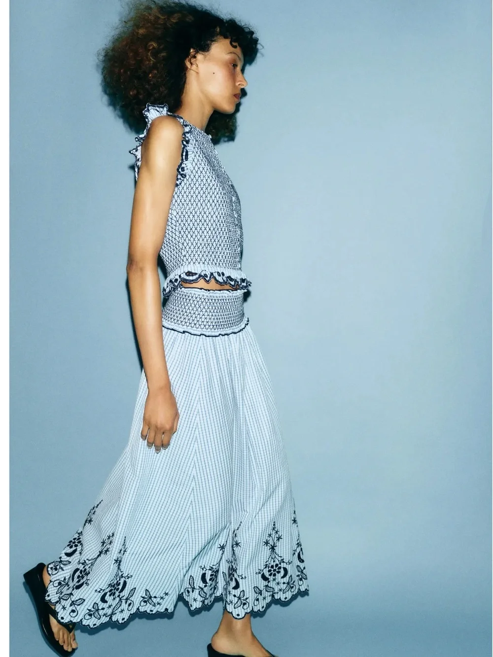 Zara Embroidered Plaid Midi Skirt featuring a smocked waist